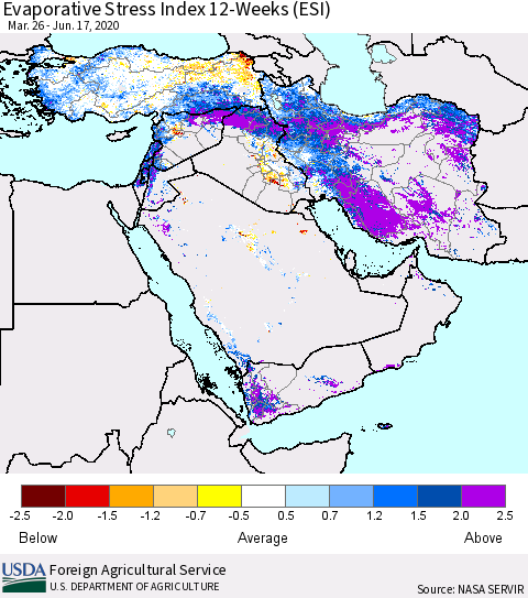 Middle East and Turkey Evaporative Stress Index (ESI), 12-Weeks Thematic Map For 6/15/2020 - 6/21/2020