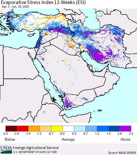 Middle East and Turkey Evaporative Stress Index (ESI), 12-Weeks Thematic Map For 6/22/2020 - 6/28/2020