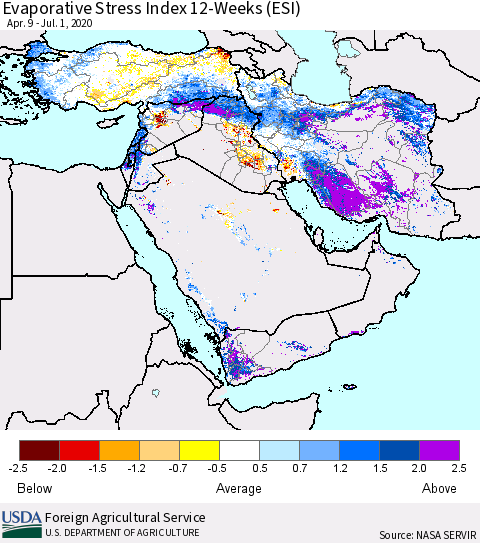 Middle East and Turkey Evaporative Stress Index (ESI), 12-Weeks Thematic Map For 6/29/2020 - 7/5/2020