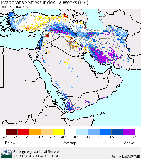 Middle East and Turkey Evaporative Stress Index (ESI), 12-Weeks Thematic Map For 7/6/2020 - 7/12/2020