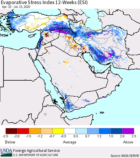 Middle East and Turkey Evaporative Stress Index (ESI), 12-Weeks Thematic Map For 7/13/2020 - 7/19/2020