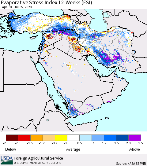 Middle East and Turkey Evaporative Stress Index (ESI), 12-Weeks Thematic Map For 7/20/2020 - 7/26/2020