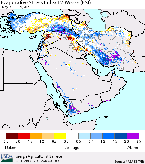 Middle East and Turkey Evaporative Stress Index (ESI), 12-Weeks Thematic Map For 7/27/2020 - 8/2/2020