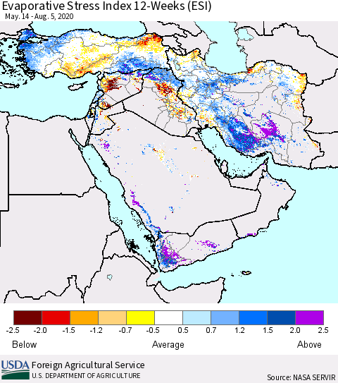 Middle East and Turkey Evaporative Stress Index (ESI), 12-Weeks Thematic Map For 8/3/2020 - 8/9/2020