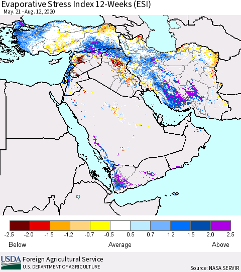 Middle East and Turkey Evaporative Stress Index (ESI), 12-Weeks Thematic Map For 8/10/2020 - 8/16/2020