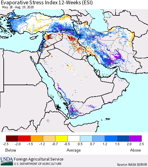 Middle East and Turkey Evaporative Stress Index (ESI), 12-Weeks Thematic Map For 8/17/2020 - 8/23/2020