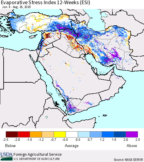 Middle East and Turkey Evaporative Stress Index (ESI), 12-Weeks Thematic Map For 8/24/2020 - 8/30/2020