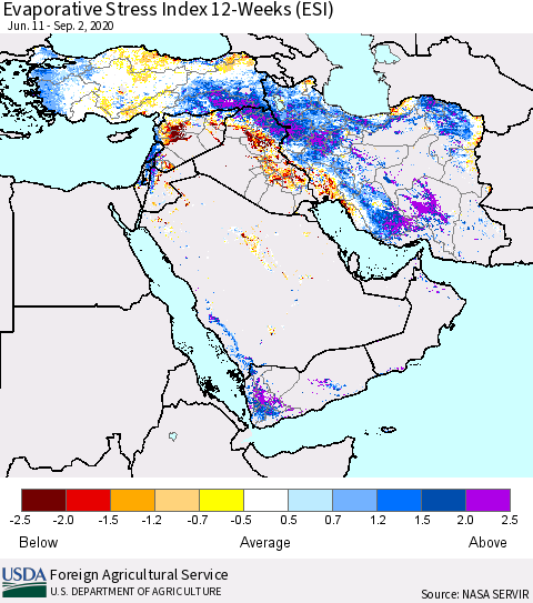 Middle East and Turkey Evaporative Stress Index (ESI), 12-Weeks Thematic Map For 8/31/2020 - 9/6/2020