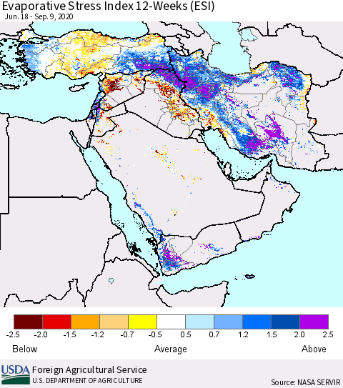 Middle East and Turkey Evaporative Stress Index (ESI), 12-Weeks Thematic Map For 9/7/2020 - 9/13/2020