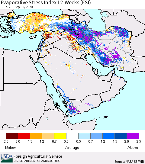 Middle East and Turkey Evaporative Stress Index (ESI), 12-Weeks Thematic Map For 9/14/2020 - 9/20/2020