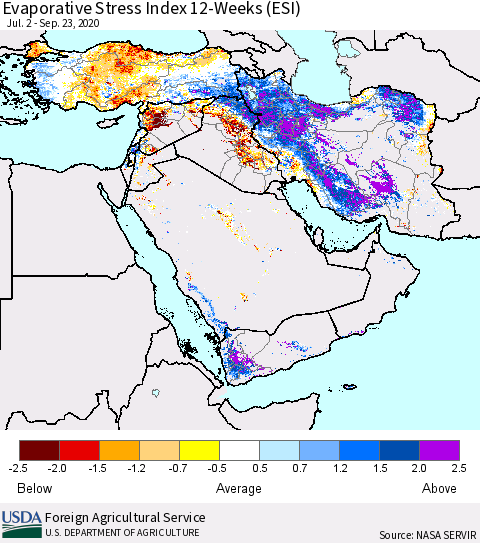 Middle East and Turkey Evaporative Stress Index (ESI), 12-Weeks Thematic Map For 9/21/2020 - 9/27/2020