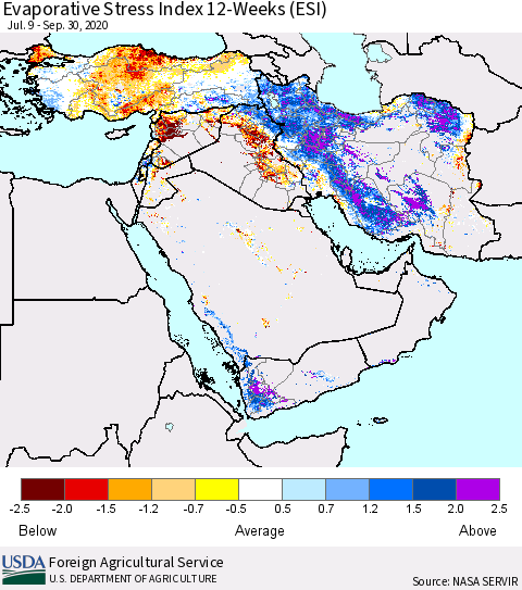 Middle East and Turkey Evaporative Stress Index (ESI), 12-Weeks Thematic Map For 9/28/2020 - 10/4/2020