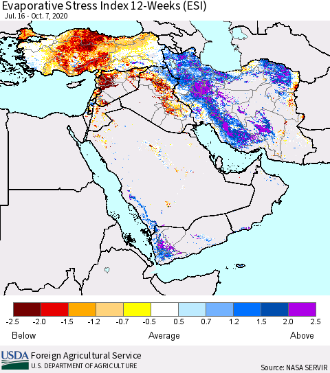 Middle East and Turkey Evaporative Stress Index (ESI), 12-Weeks Thematic Map For 10/5/2020 - 10/11/2020