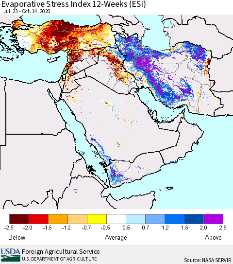 Middle East and Turkey Evaporative Stress Index (ESI), 12-Weeks Thematic Map For 10/12/2020 - 10/18/2020