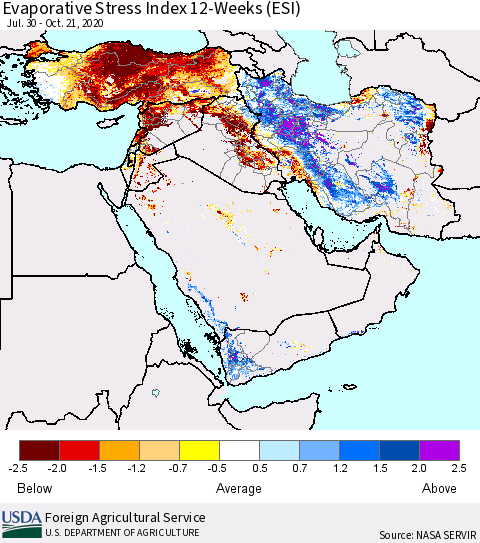 Middle East and Turkey Evaporative Stress Index (ESI), 12-Weeks Thematic Map For 10/19/2020 - 10/25/2020