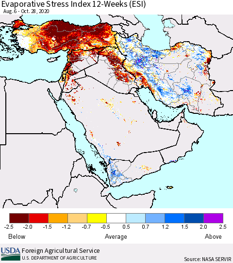 Middle East and Turkey Evaporative Stress Index (ESI), 12-Weeks Thematic Map For 10/26/2020 - 11/1/2020