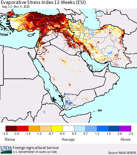 Middle East and Turkey Evaporative Stress Index (ESI), 12-Weeks Thematic Map For 11/2/2020 - 11/8/2020
