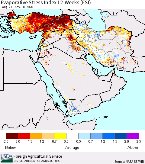 Middle East and Turkey Evaporative Stress Index (ESI), 12-Weeks Thematic Map For 11/16/2020 - 11/22/2020