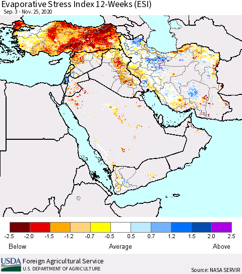 Middle East and Turkey Evaporative Stress Index (ESI), 12-Weeks Thematic Map For 11/23/2020 - 11/29/2020