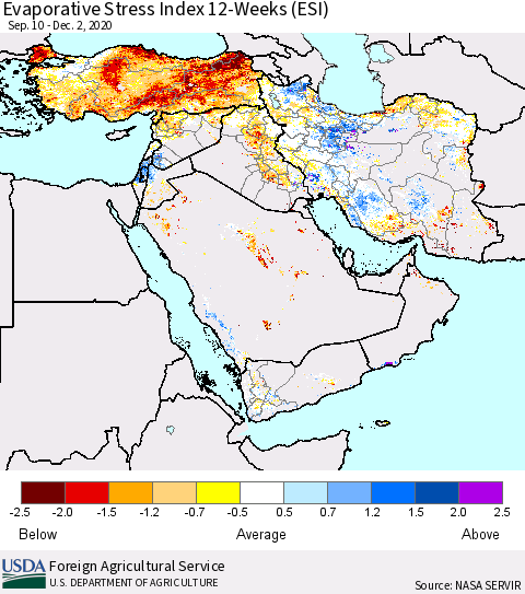 Middle East and Turkey Evaporative Stress Index (ESI), 12-Weeks Thematic Map For 11/30/2020 - 12/6/2020
