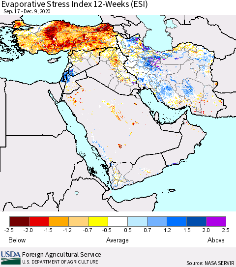 Middle East and Turkey Evaporative Stress Index (ESI), 12-Weeks Thematic Map For 12/7/2020 - 12/13/2020
