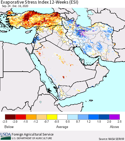 Middle East and Turkey Evaporative Stress Index (ESI), 12-Weeks Thematic Map For 12/14/2020 - 12/20/2020