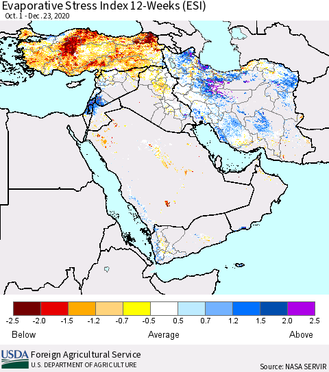 Middle East and Turkey Evaporative Stress Index (ESI), 12-Weeks Thematic Map For 12/21/2020 - 12/27/2020