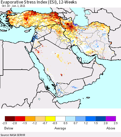 Middle East and Turkey Evaporative Stress Index (ESI), 12-Weeks Thematic Map For 12/28/2020 - 1/3/2021