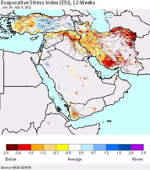 Middle East and Turkey Evaporative Stress Index (ESI), 12-Weeks Thematic Map For 4/5/2021 - 4/11/2021