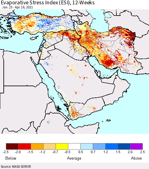 Middle East and Turkey Evaporative Stress Index (ESI), 12-Weeks Thematic Map For 4/12/2021 - 4/18/2021