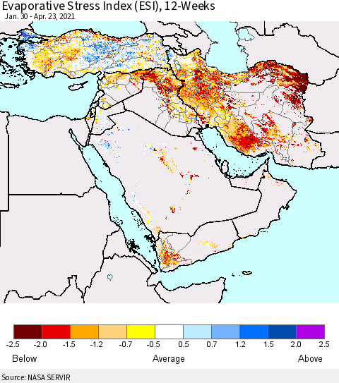 Middle East and Turkey Evaporative Stress Index (ESI), 12-Weeks Thematic Map For 4/19/2021 - 4/25/2021