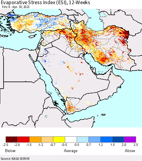 Middle East and Turkey Evaporative Stress Index (ESI), 12-Weeks Thematic Map For 4/26/2021 - 5/2/2021