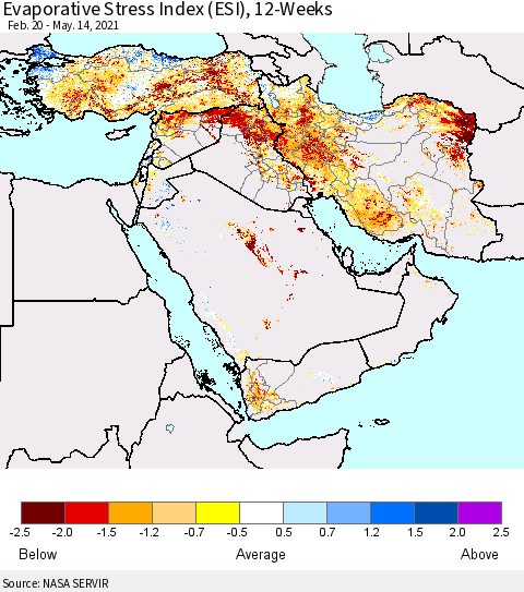 Middle East and Turkey Evaporative Stress Index (ESI), 12-Weeks Thematic Map For 5/10/2021 - 5/16/2021