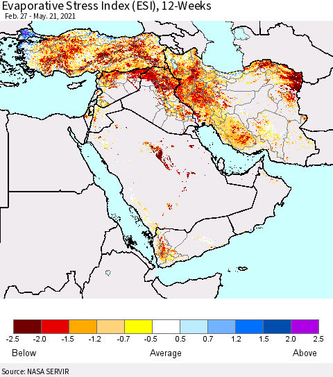 Middle East and Turkey Evaporative Stress Index (ESI), 12-Weeks Thematic Map For 5/17/2021 - 5/23/2021