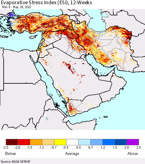 Middle East and Turkey Evaporative Stress Index (ESI), 12-Weeks Thematic Map For 5/24/2021 - 5/30/2021