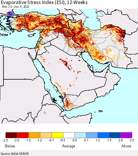 Middle East and Turkey Evaporative Stress Index (ESI), 12-Weeks Thematic Map For 5/31/2021 - 6/6/2021