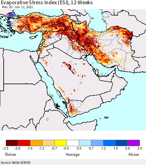 Middle East and Turkey Evaporative Stress Index (ESI), 12-Weeks Thematic Map For 6/7/2021 - 6/13/2021