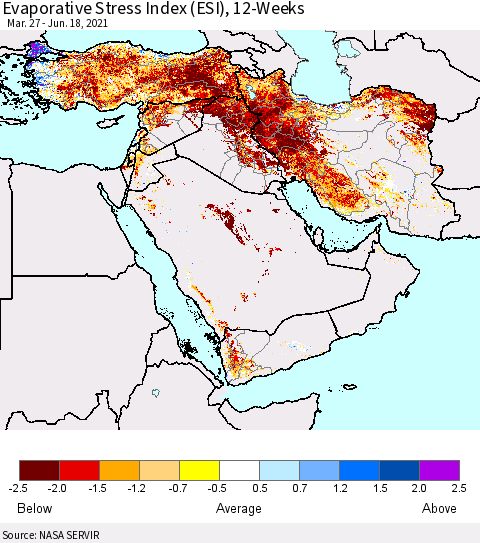 Middle East and Turkey Evaporative Stress Index (ESI), 12-Weeks Thematic Map For 6/14/2021 - 6/20/2021