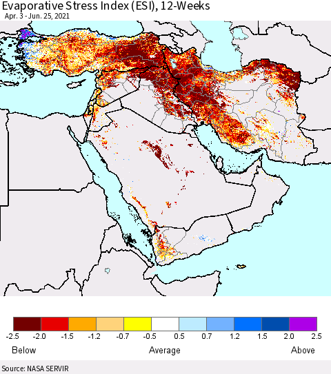 Middle East and Turkey Evaporative Stress Index (ESI), 12-Weeks Thematic Map For 6/21/2021 - 6/27/2021