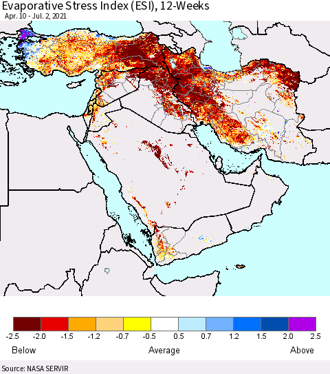Middle East and Turkey Evaporative Stress Index (ESI), 12-Weeks Thematic Map For 6/28/2021 - 7/4/2021