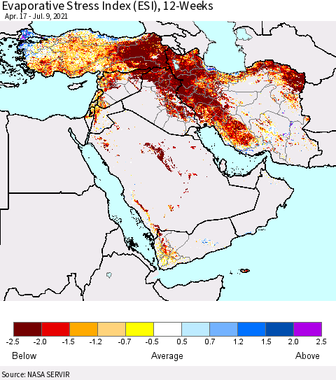 Middle East and Turkey Evaporative Stress Index (ESI), 12-Weeks Thematic Map For 7/5/2021 - 7/11/2021