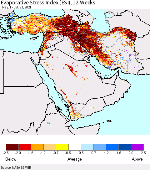 Middle East and Turkey Evaporative Stress Index (ESI), 12-Weeks Thematic Map For 7/19/2021 - 7/25/2021