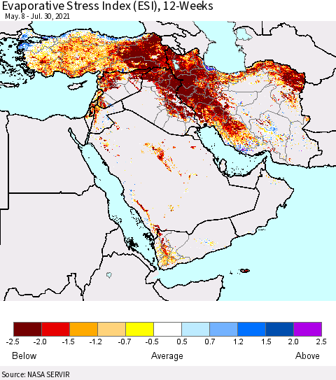 Middle East and Turkey Evaporative Stress Index (ESI), 12-Weeks Thematic Map For 7/26/2021 - 8/1/2021