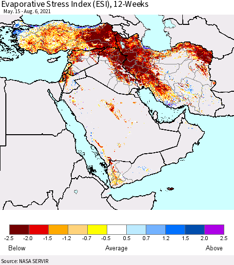 Middle East and Turkey Evaporative Stress Index (ESI), 12-Weeks Thematic Map For 8/2/2021 - 8/8/2021