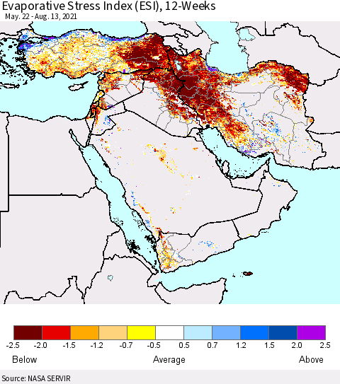 Middle East and Turkey Evaporative Stress Index (ESI), 12-Weeks Thematic Map For 8/9/2021 - 8/15/2021