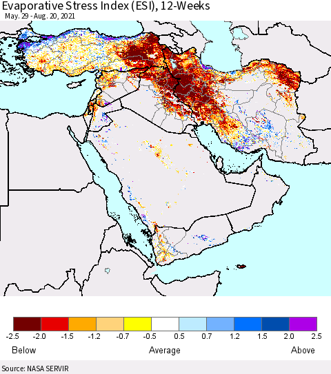 Middle East and Turkey Evaporative Stress Index (ESI), 12-Weeks Thematic Map For 8/16/2021 - 8/22/2021