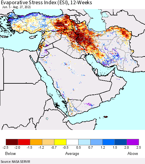 Middle East and Turkey Evaporative Stress Index (ESI), 12-Weeks Thematic Map For 8/23/2021 - 8/29/2021