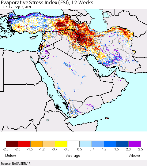 Middle East and Turkey Evaporative Stress Index (ESI), 12-Weeks Thematic Map For 8/30/2021 - 9/5/2021