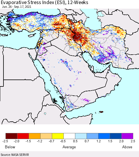 Middle East and Turkey Evaporative Stress Index (ESI), 12-Weeks Thematic Map For 9/13/2021 - 9/19/2021