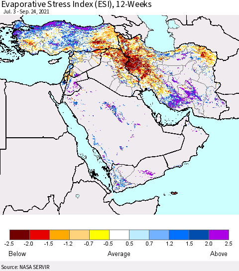 Middle East and Turkey Evaporative Stress Index (ESI), 12-Weeks Thematic Map For 9/20/2021 - 9/26/2021